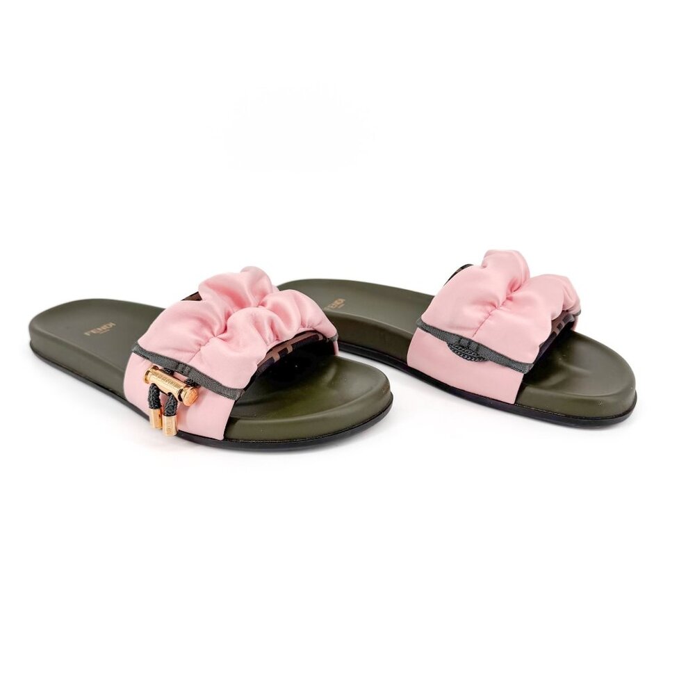 Fendi x Sarah Coleman Vertigo FF Slide Sandals Size 41 US 11 Pink Satin Green